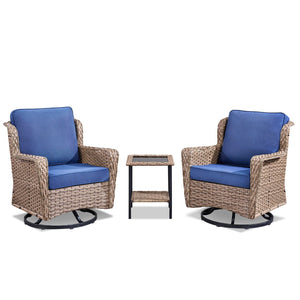 English Elm 2 Chair Outdoor PE Rattan Swivel Glider Set with Mosaic Glass Side Table Blue T3773P419327