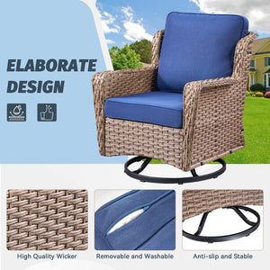 English Elm 2 Chair Outdoor PE Rattan Swivel Glider Set with Mosaic Glass Side Table Blue T3773P419327