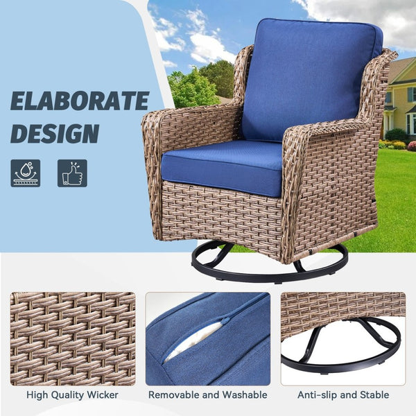 English Elm 2 Chair Outdoor PE Rattan Swivel Glider Set with Mosaic Glass Side Table Blue T3773P419327