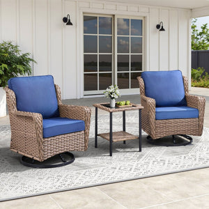 English Elm 2 Chair Outdoor PE Rattan Swivel Glider Set with Mosaic Glass Side Table Blue T3773P419327