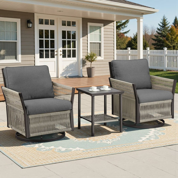 English Elm Swivel Outdoor Chair Set Pe Wicker Steel Frame Patio Seating with Side Table T3773P419409