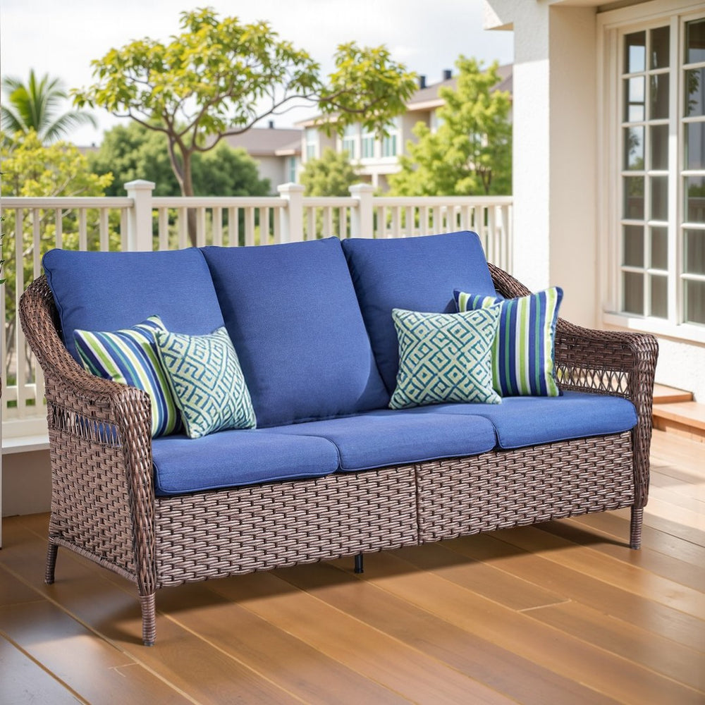 English Elm 67.3 Inch Outdoor Three Seat PE Wicker Sofa with Olefin Cushions for Patio Deck T3773P420087