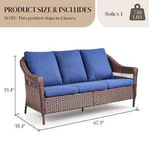 English Elm 67.3 Inch Outdoor Three Seat PE Wicker Sofa with Olefin Cushions for Patio Deck T3773P420087
