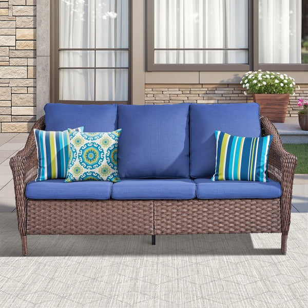 English Elm 67.3 Inch Outdoor Three Seat PE Wicker Sofa with Olefin Cushions for Patio Deck T3773P420087