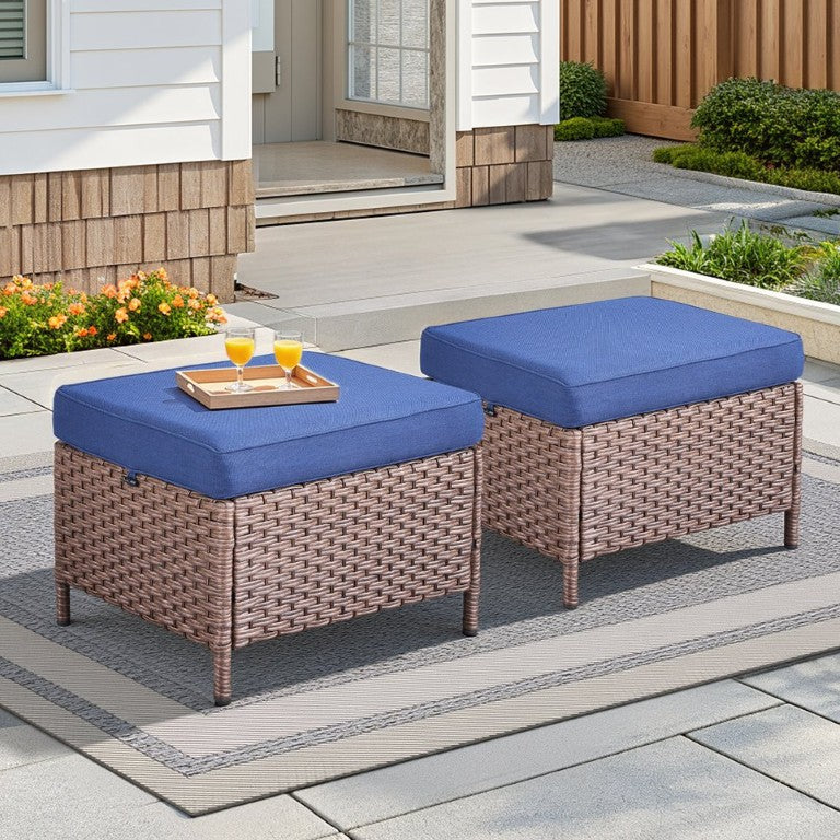 English Elm Outdoor Handwoven PE Wicker Ottoman Set of 2 with Blue Cushions for Patio Deck T3773P420089