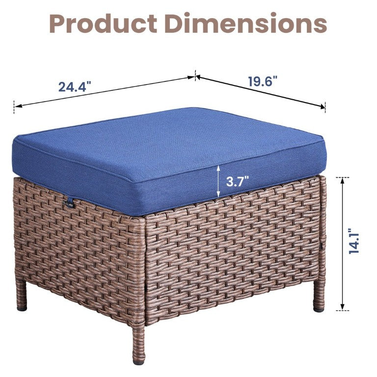 English Elm Outdoor Handwoven PE Wicker Ottoman Set of 2 with Blue Cushions for Patio Deck T3773P420089