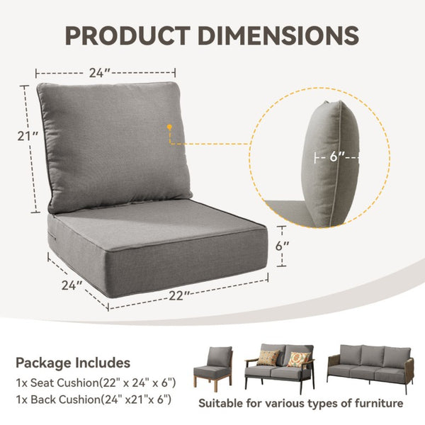 English Elm 6 Inch High Density Foam Outdoor Chair Cushions with Olefin Removable Cover UV Resistant Gray 1 Set T3773P573183