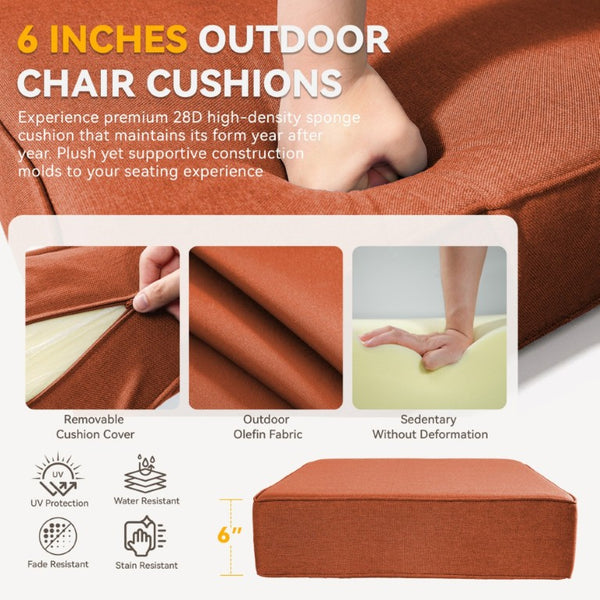 English Elm 6 Inch High Density Foam Outdoor Chair Cushions with Olefin Removable Cover UV Resistant Orange 1 Set T3773P573192