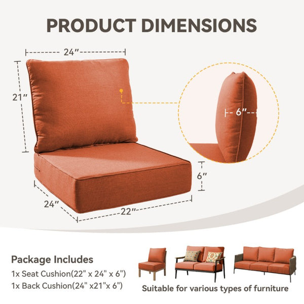 English Elm 6 Inch High Density Foam Outdoor Chair Cushions with Olefin Removable Cover UV Resistant Orange 1 Set T3773P573192
