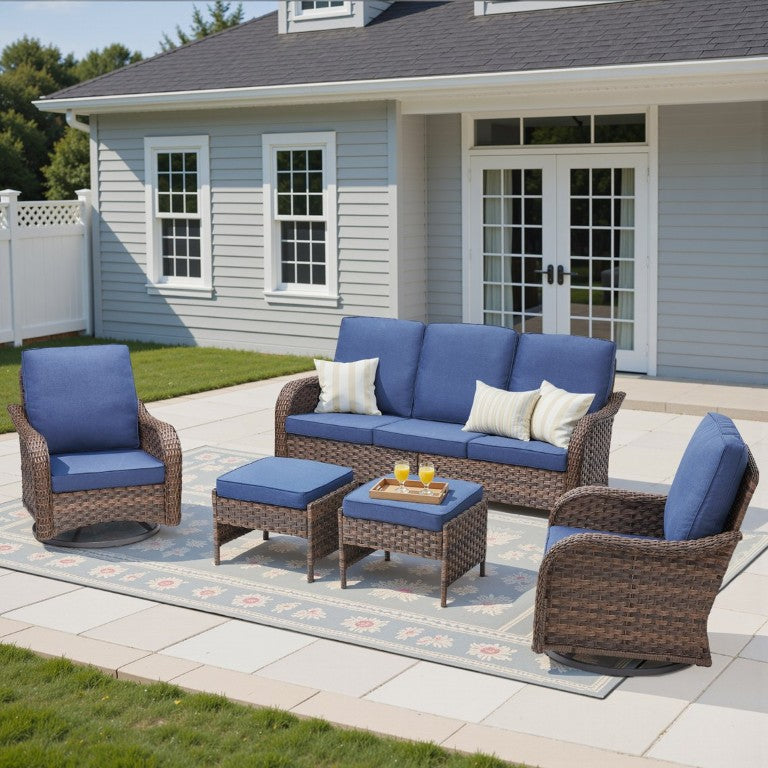 English Elm 4 Inch Cushioned PE Rattan Outdoor Conversation Set with Swivel Rocker Chairs for Patio T3773S00022