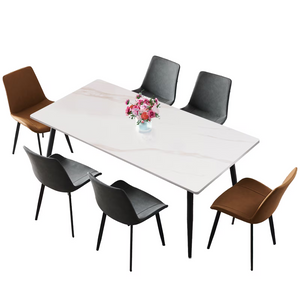 English Elm Dining Table Sintered Stone Top Seats Six with Carbon Steel Legs for Modern Rooms T3967S00003