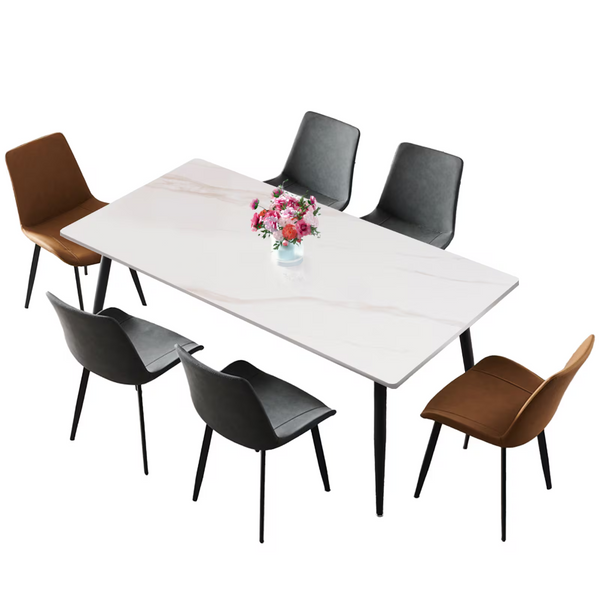 English Elm Dining Table Sintered Stone Top Seats Six with Carbon Steel Legs for Modern Rooms T3967S00003
