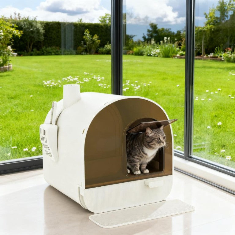 English Elm White Enclosed Cat Litter Box with Odor Filter Scoop Holster and Entry Mat T3971P405095