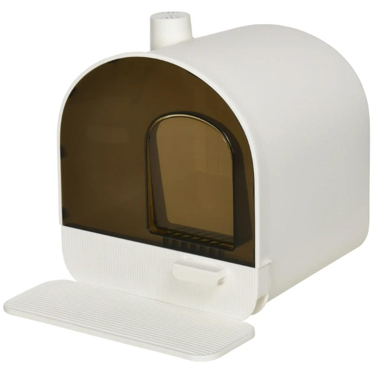 English Elm White Enclosed Cat Litter Box with Odor Filter Scoop Holster and Entry Mat T3971P405095