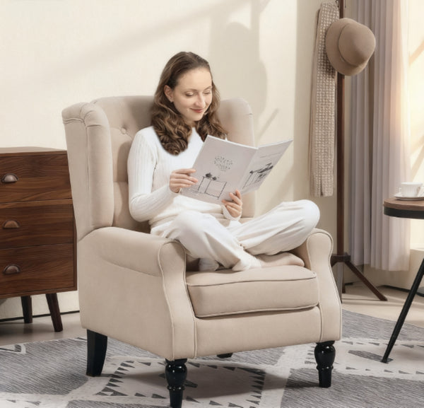 English Elm Button-tufted High Back Lounge Chair with Eucalyptus Legs for Living Room T3971P405181