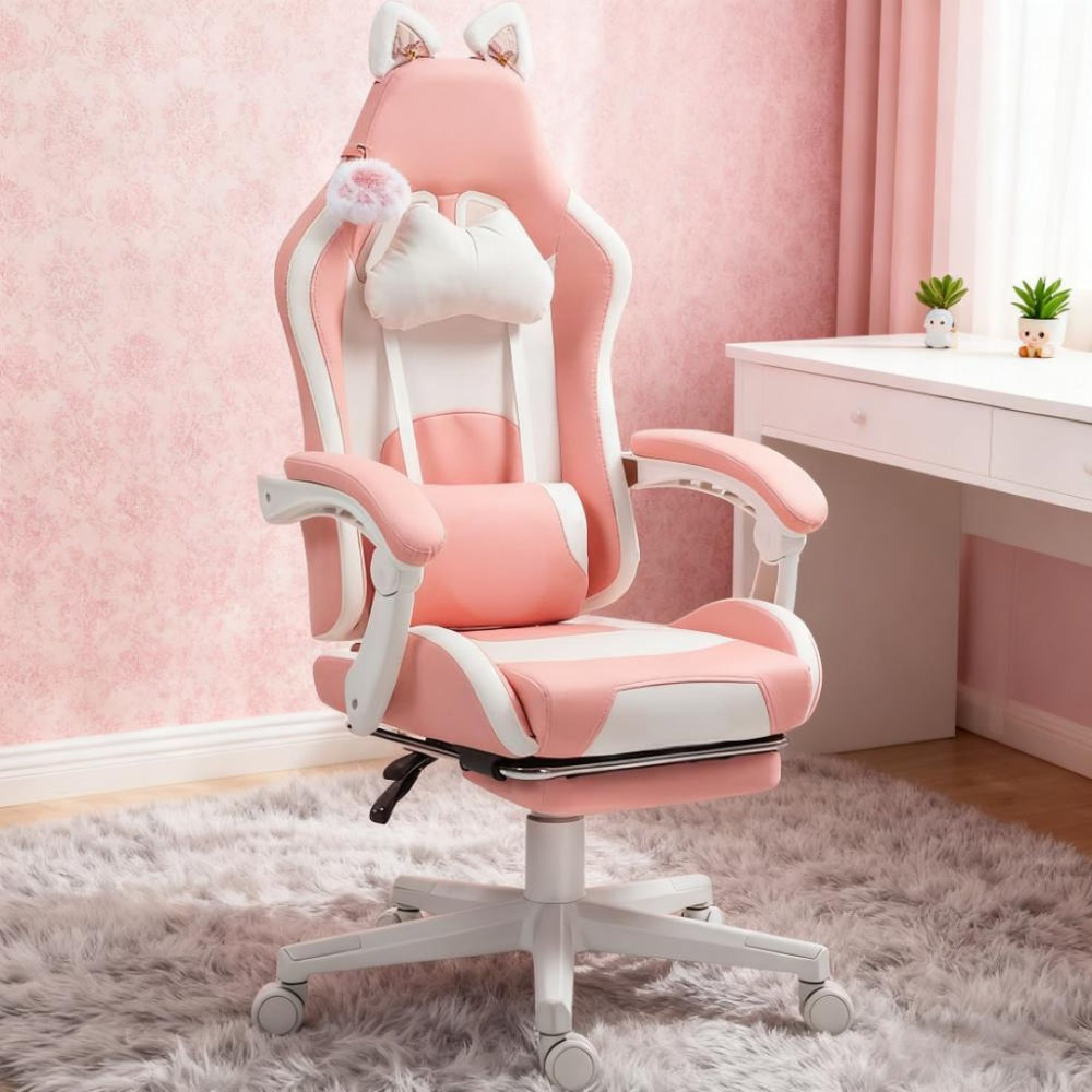 English Elm Gaming Chair with Cat Ear Accents Faux Leather Kawaii Recliner Footrest Support T3971P410291