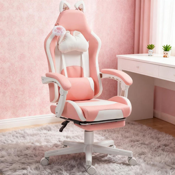 English Elm Gaming Chair with Cat Ear Accents Faux Leather Kawaii Recliner Footrest Support T3971P410291