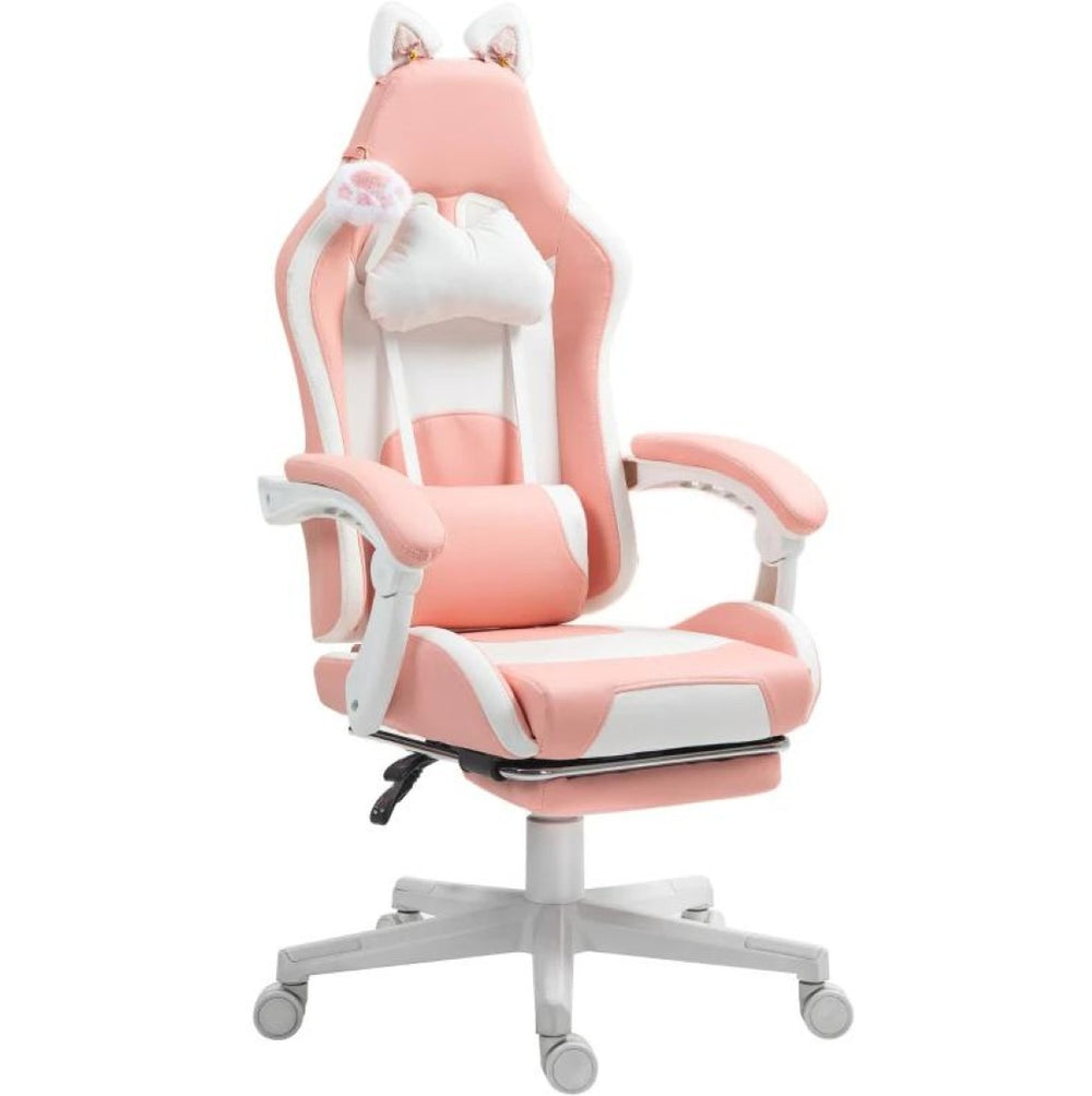 English Elm Gaming Chair with Cat Ear Accents Faux Leather Kawaii Recliner Footrest Support T3971P410291