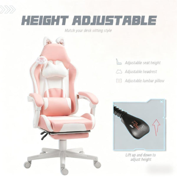 English Elm Gaming Chair with Cat Ear Accents Faux Leather Kawaii Recliner Footrest Support T3971P410291