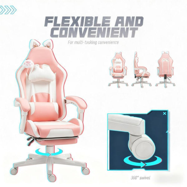 English Elm Gaming Chair with Cat Ear Accents Faux Leather Kawaii Recliner Footrest Support T3971P410291