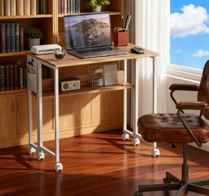English Elm Foldable Rolling Desk with Drop Leaf Design Storage Bag and Shelf for Small Spaces T3971P411172