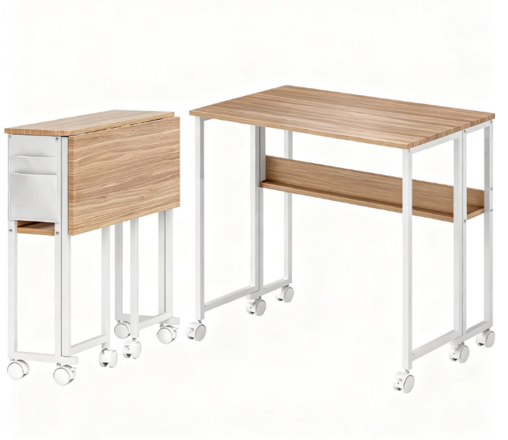 English Elm Foldable Rolling Desk with Drop Leaf Design Storage Bag and Shelf for Small Spaces T3971P411172