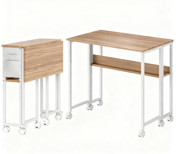 English Elm Foldable Rolling Desk with Drop Leaf Design Storage Bag and Shelf for Small Spaces T3971P411172
