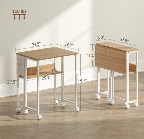 English Elm Foldable Rolling Desk with Drop Leaf Design Storage Bag and Shelf for Small Spaces T3971P411172