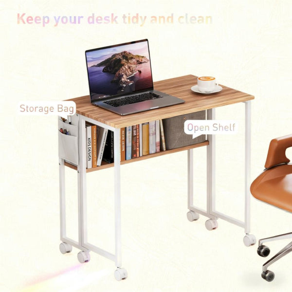 English Elm Foldable Rolling Desk with Drop Leaf Design Storage Bag and Shelf for Small Spaces T3971P411172