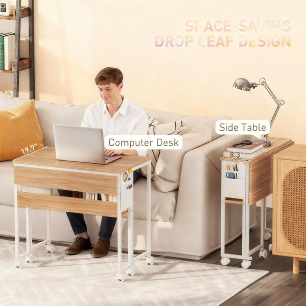 English Elm Foldable Rolling Desk with Drop Leaf Design Storage Bag and Shelf for Small Spaces T3971P411172