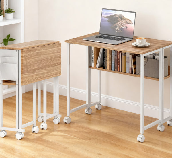 English Elm Foldable Rolling Desk with Drop Leaf Design Storage Bag and Shelf for Small Spaces T3971P411172