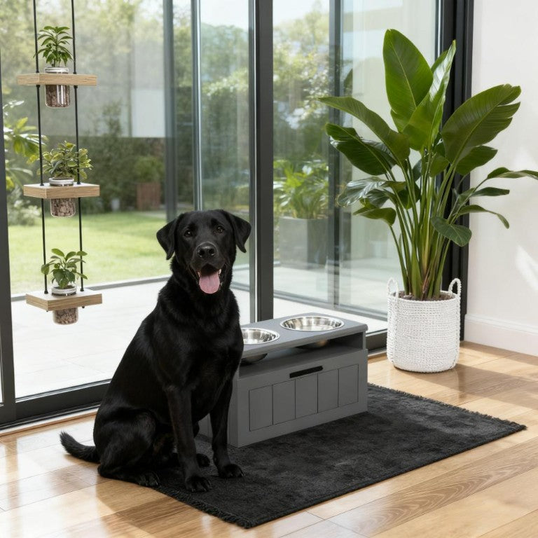English Elm Elevated Dog Feeding Station with Dual Stainless Bowls Storage Drawer Slow Mat T3971P415043