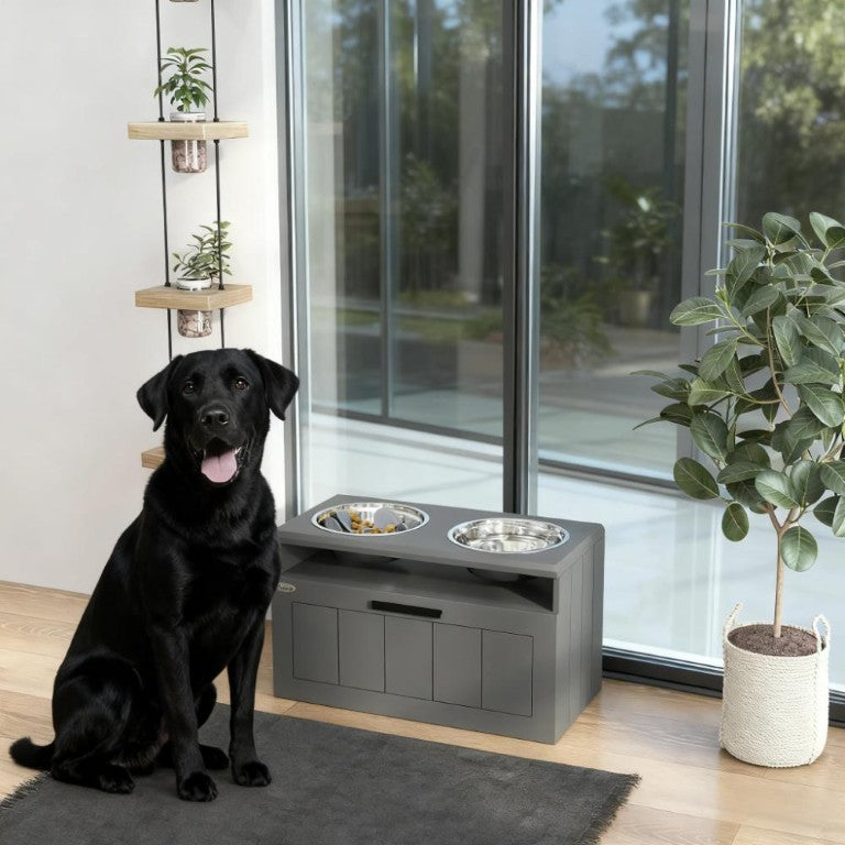 English Elm Elevated Dog Feeding Station with Dual Stainless Bowls Storage Drawer Slow Mat T3971P415043