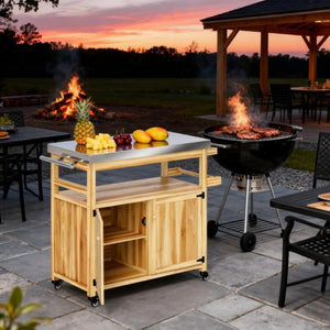English Elm Solid Fir Wood Outdoor Grill Station with Stainless Steel Top Cabinets and Casters T3971P424931