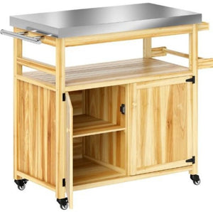 English Elm Solid Fir Wood Outdoor Grill Station with Stainless Steel Top Cabinets and Casters T3971P424931