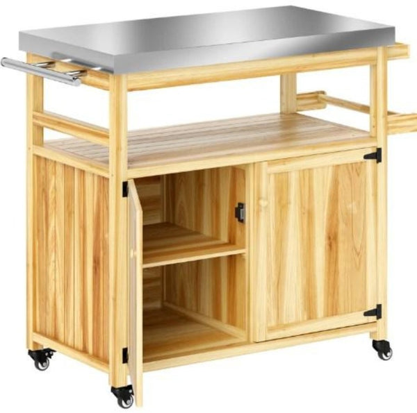 English Elm Solid Fir Wood Outdoor Grill Station with Stainless Steel Top Cabinets and Casters T3971P424931