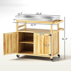 English Elm Solid Fir Wood Outdoor Grill Station with Stainless Steel Top Cabinets and Casters T3971P424931