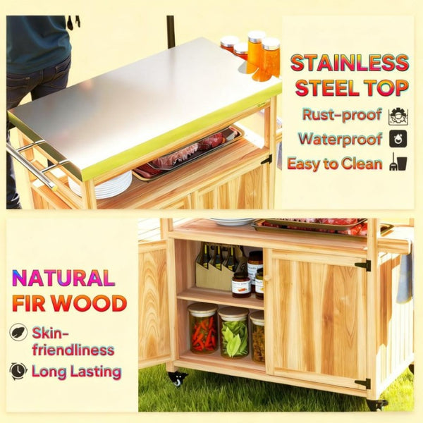 English Elm Solid Fir Wood Outdoor Grill Station with Stainless Steel Top Cabinets and Casters T3971P424931
