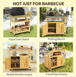 English Elm Solid Fir Wood Outdoor Grill Station with Stainless Steel Top Cabinets and Casters T3971P424931