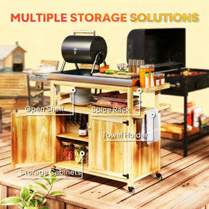 English Elm Solid Fir Wood Outdoor Grill Station with Stainless Steel Top Cabinets and Casters T3971P424931
