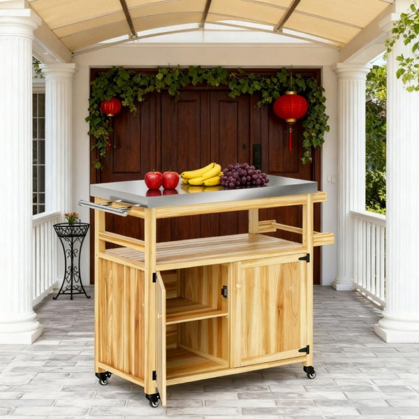 English Elm Solid Fir Wood Outdoor Grill Station with Stainless Steel Top Cabinets and Casters T3971P424931