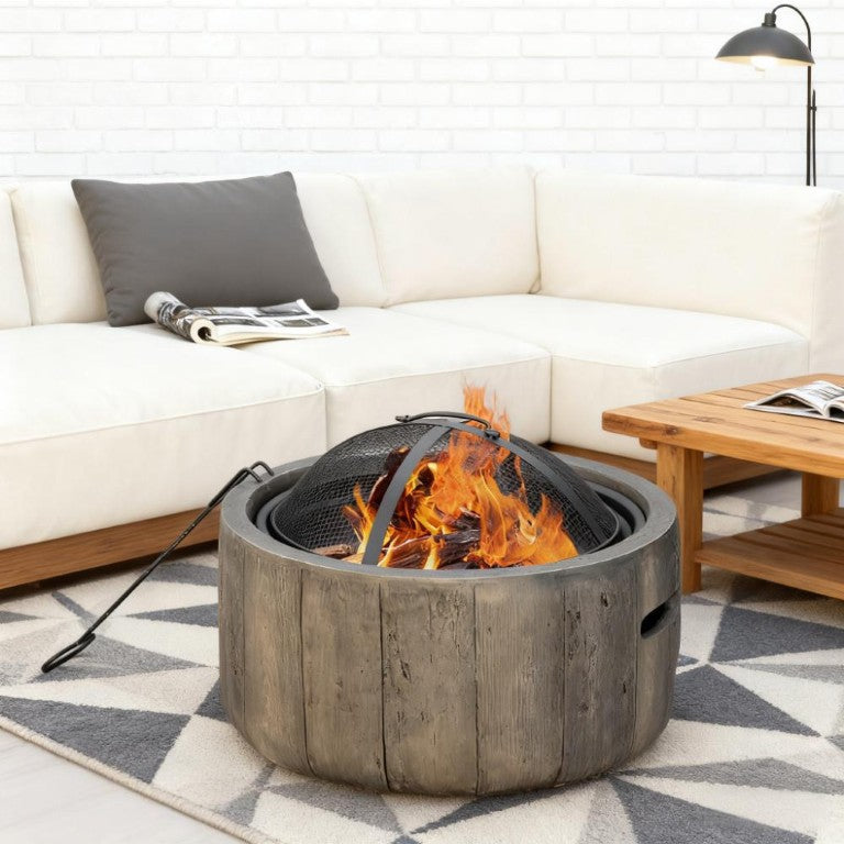 English Elm Woodgrain Tree Stump Metal Fire Pit with Spark Screen for Patio and Campsite Use T3971P427751
