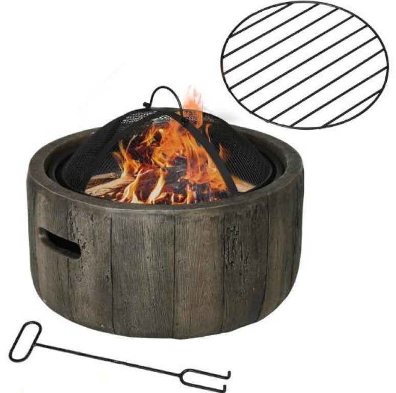 English Elm Woodgrain Tree Stump Metal Fire Pit with Spark Screen for Patio and Campsite Use T3971P427751