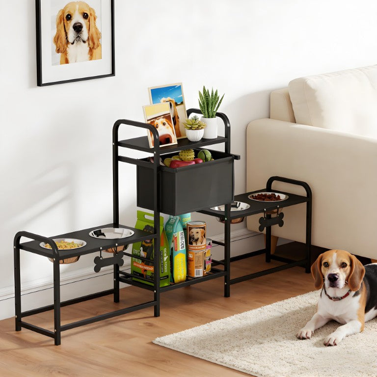 English Elm Pet Feeding Station Elevated Steel Stand with Adjustable Bowls and Built-In Storage T3971P433618