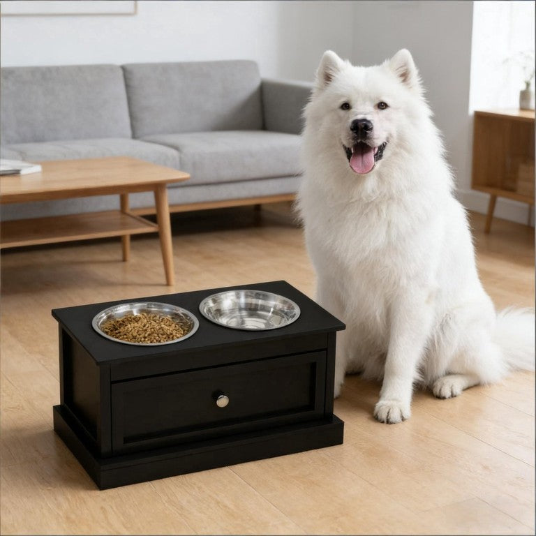 English Elm Pet Feeding Station Raised Stand with Stainless Bowls and Storage Drawer for Large Dogs T3971P434123