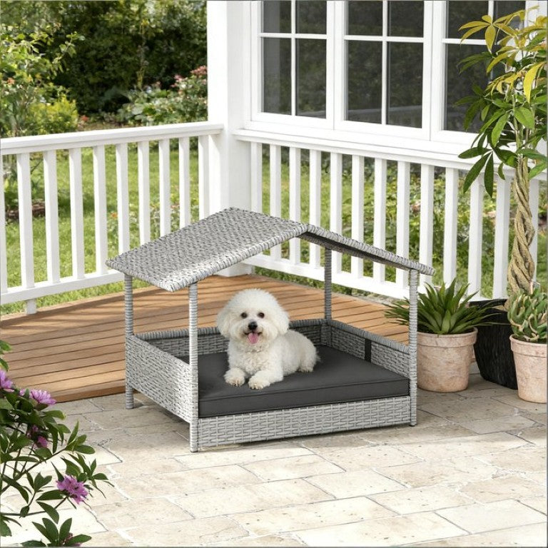 English Elm Pet Cabana Rattan Dog House with Elevated Base and Padded Cushion for Indoor Outdoor T3971P435516