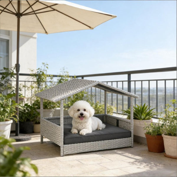 English Elm Pet Cabana Rattan Dog House with Elevated Base and Padded Cushion for Indoor Outdoor T3971P435516