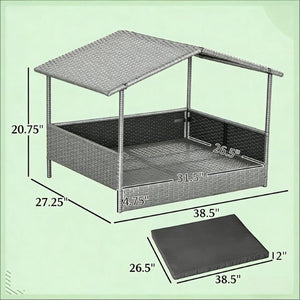 English Elm Pet Cabana Rattan Dog House with Elevated Base and Padded Cushion for Indoor Outdoor T3971P435516