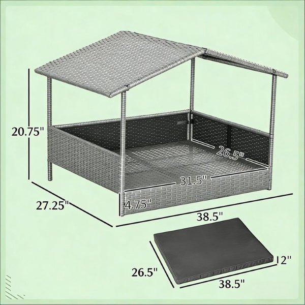 English Elm Pet Cabana Rattan Dog House with Elevated Base and Padded Cushion for Indoor Outdoor T3971P435516