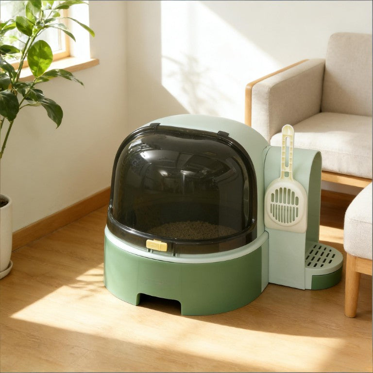 English Elm Covered Cat Litter Box Space Capsule Design Odor Control with Scoop and Entry Ramp T3971P437174